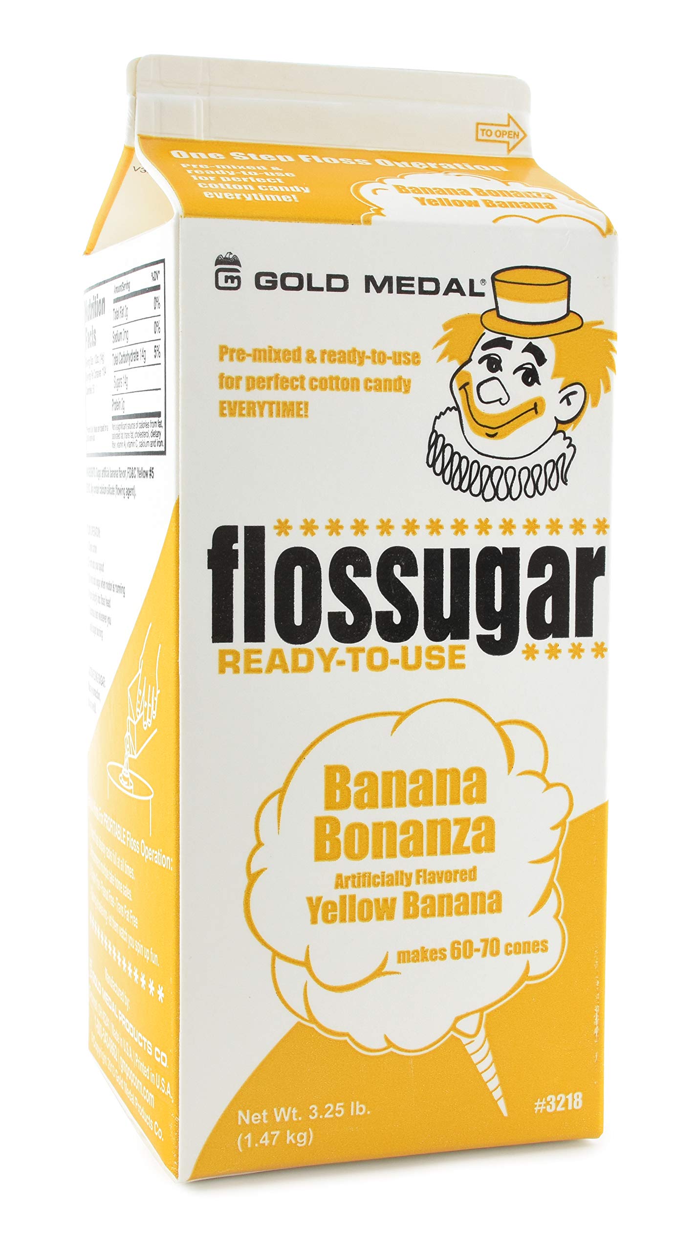 SNAPPY Gold Medal Banana Flossugar carton front view, easy cotton candy serving.