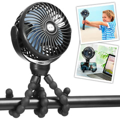 Snawowo mini portable baby stroller fan demonstrates tripod setup for flexible on-the-go cooling.