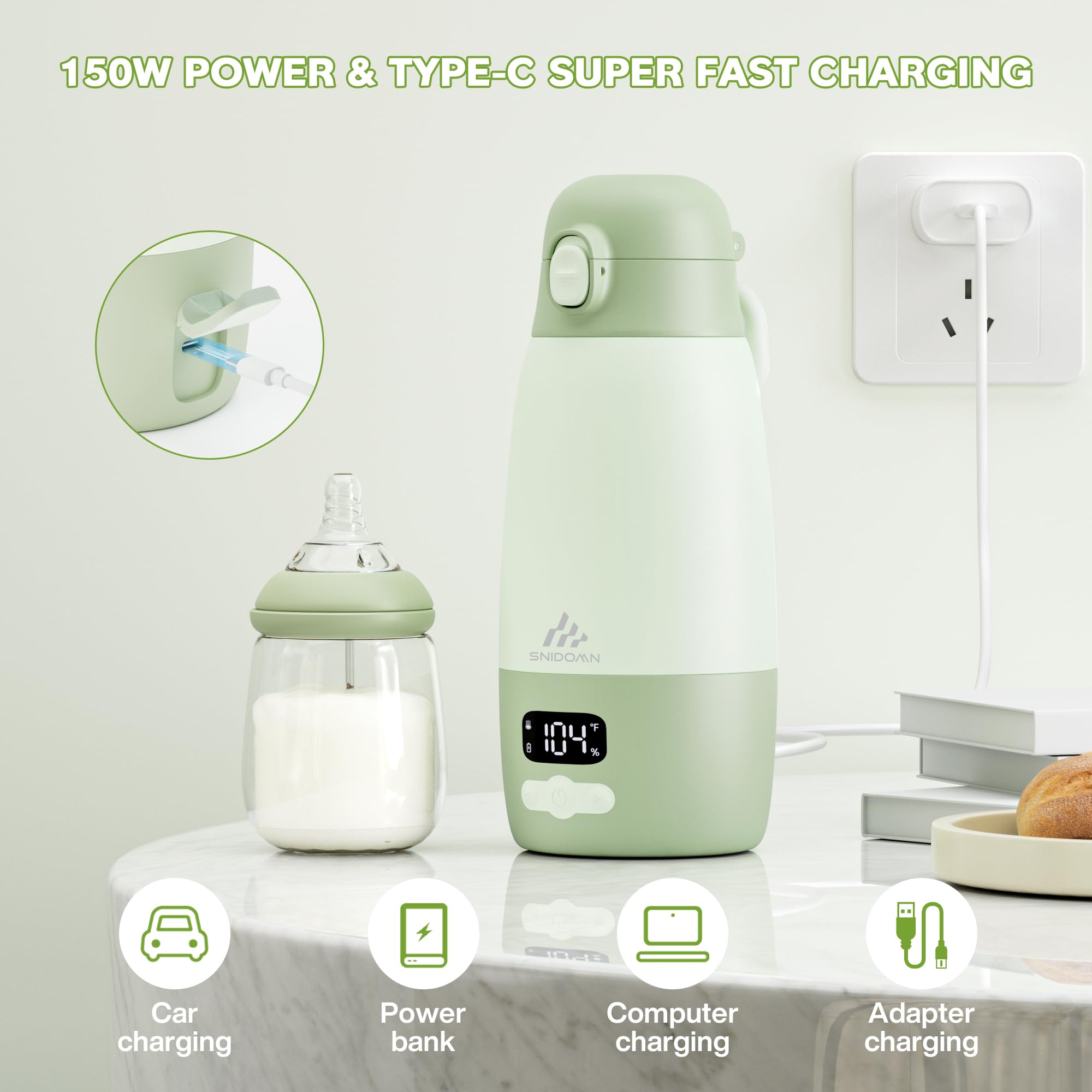 Snidomn portable bottle warmer battery-chamber design supports multiple heats on the go.