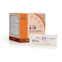 SNL Vitamins A&D Ointment packaging with foil packets for on-the-go skincare.
