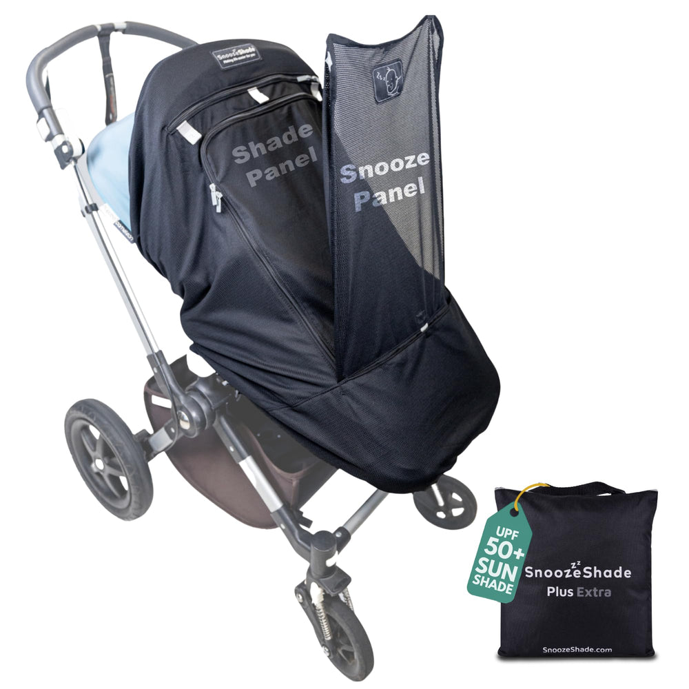 SnoozeShade Plus Extra front view shows portable stroller shade for naps on the go.