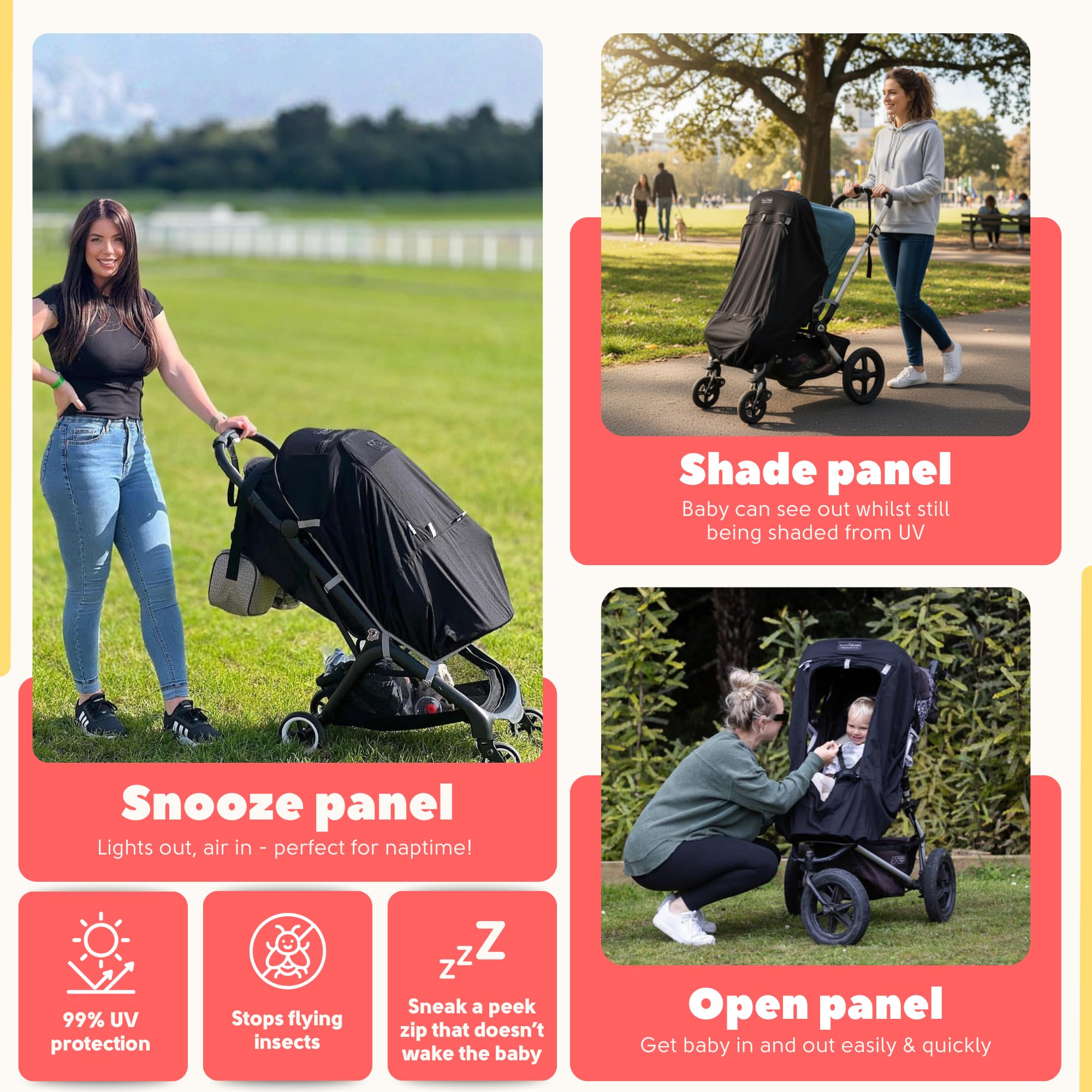 SnoozeShade Plus Extra mosquito net protects baby from bugs during park outings.