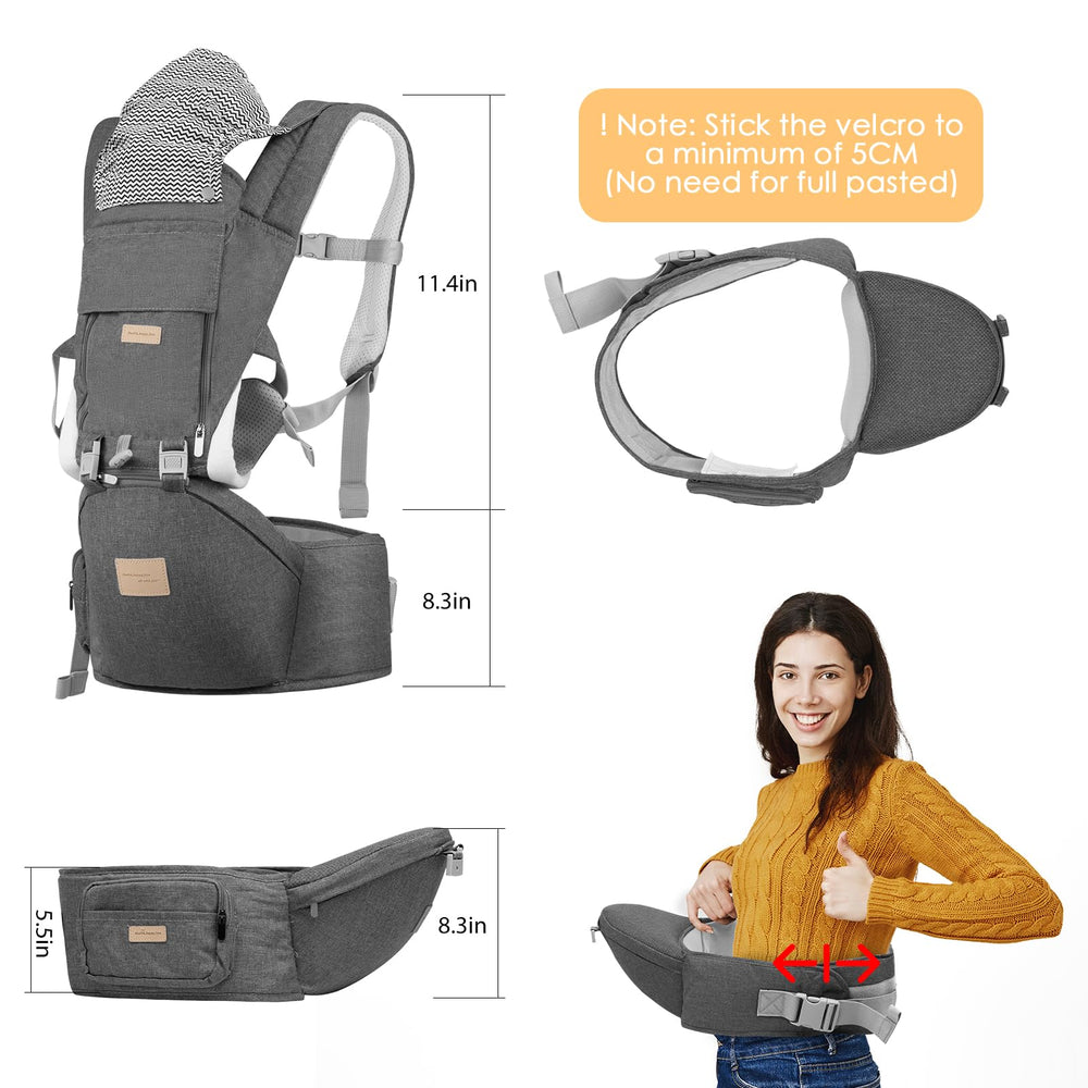 SNOOZYNEST hip-seat detail illustrating stable support for baby