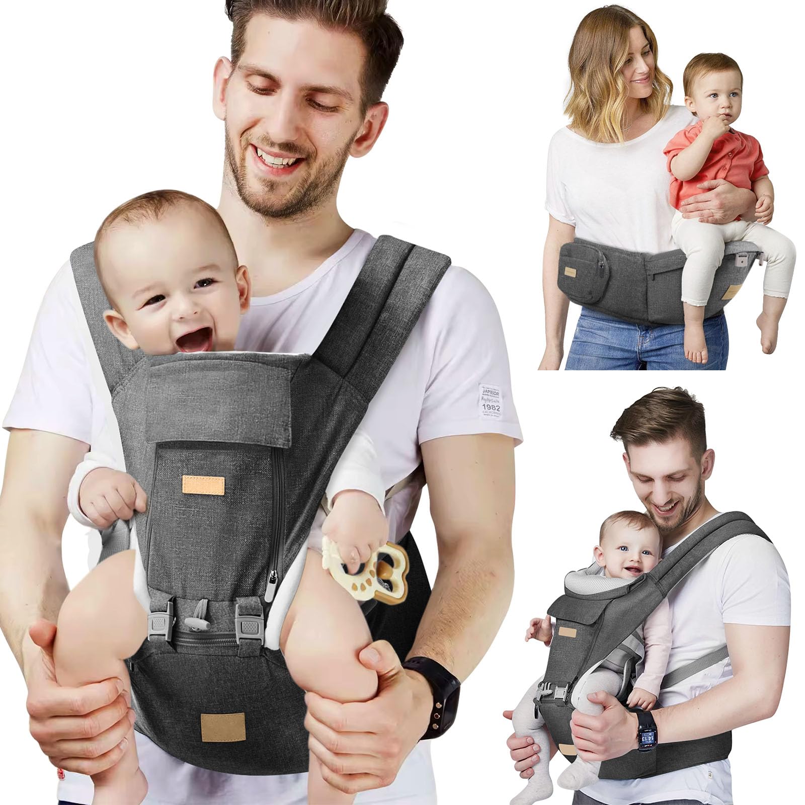 SNOOZYNEST baby carrier with hip seat in use showing baby supported and parent comfortable
