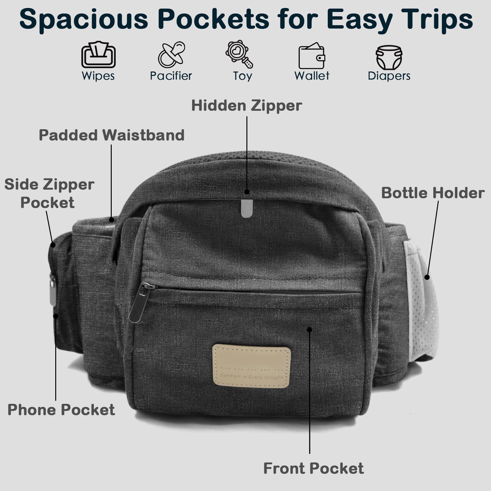 SNOOZYNEST hip seat carrier with diaper bag highlights convenient pockets
