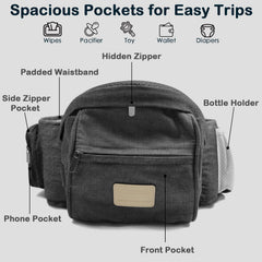 SNOOZYNEST hip seat carrier with diaper bag highlights convenient pockets