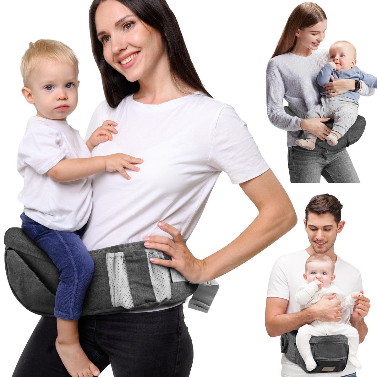 SNOOZYNEST hip seat carrier front view showing ergonomic support for growing babies