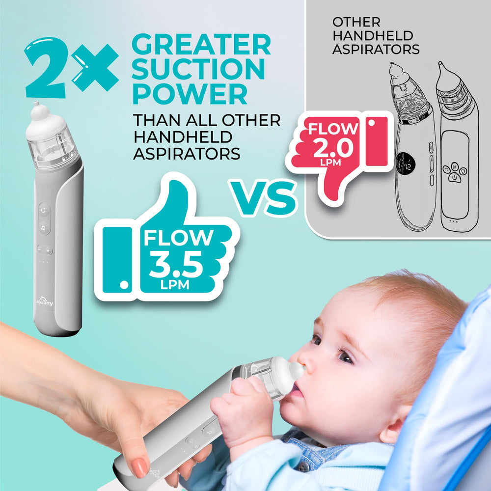 SnotVac nasal aspirator side view shows handheld form for travel-friendly care