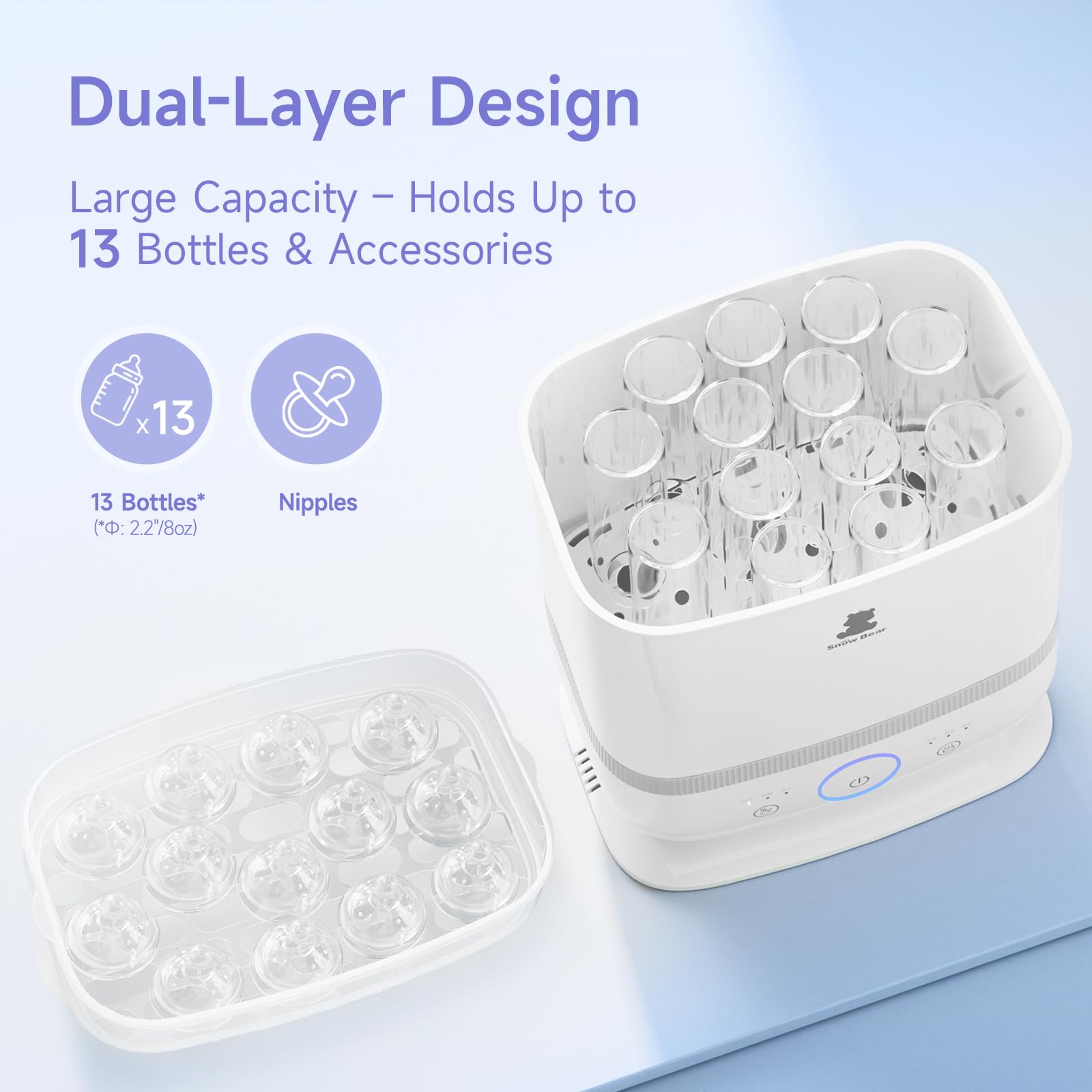 Snow Bear sterilizer offers space for pacifiers and pump parts