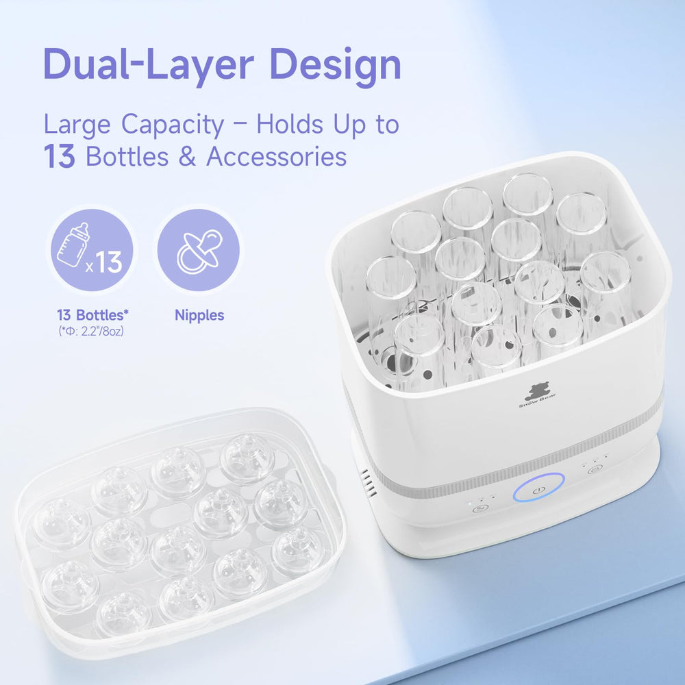 Snow Bear sterilizer offers space for pacifiers and pump parts