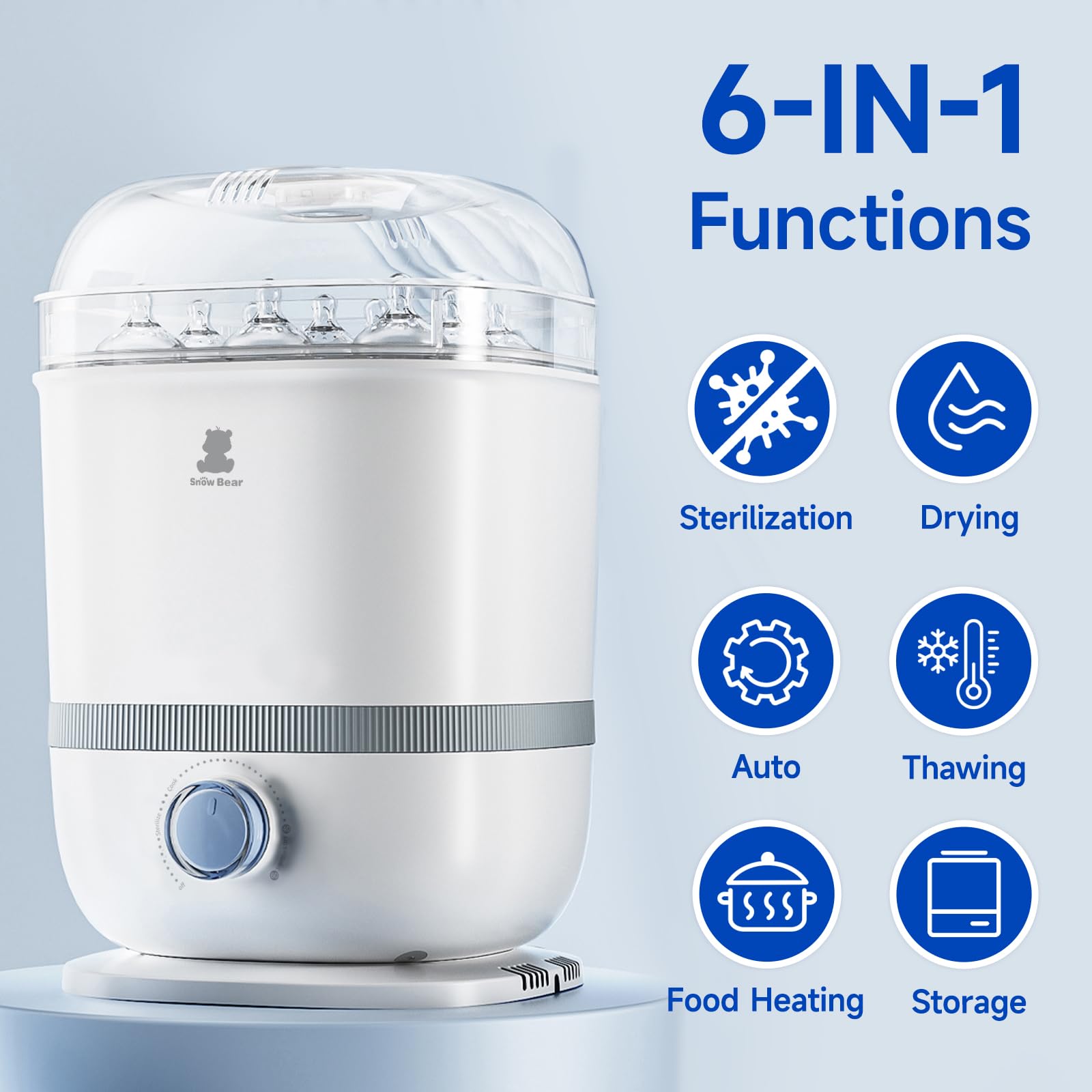 Snow Bear sterilizer bottle inside view highlights spacious interior for up to 13 bottles.