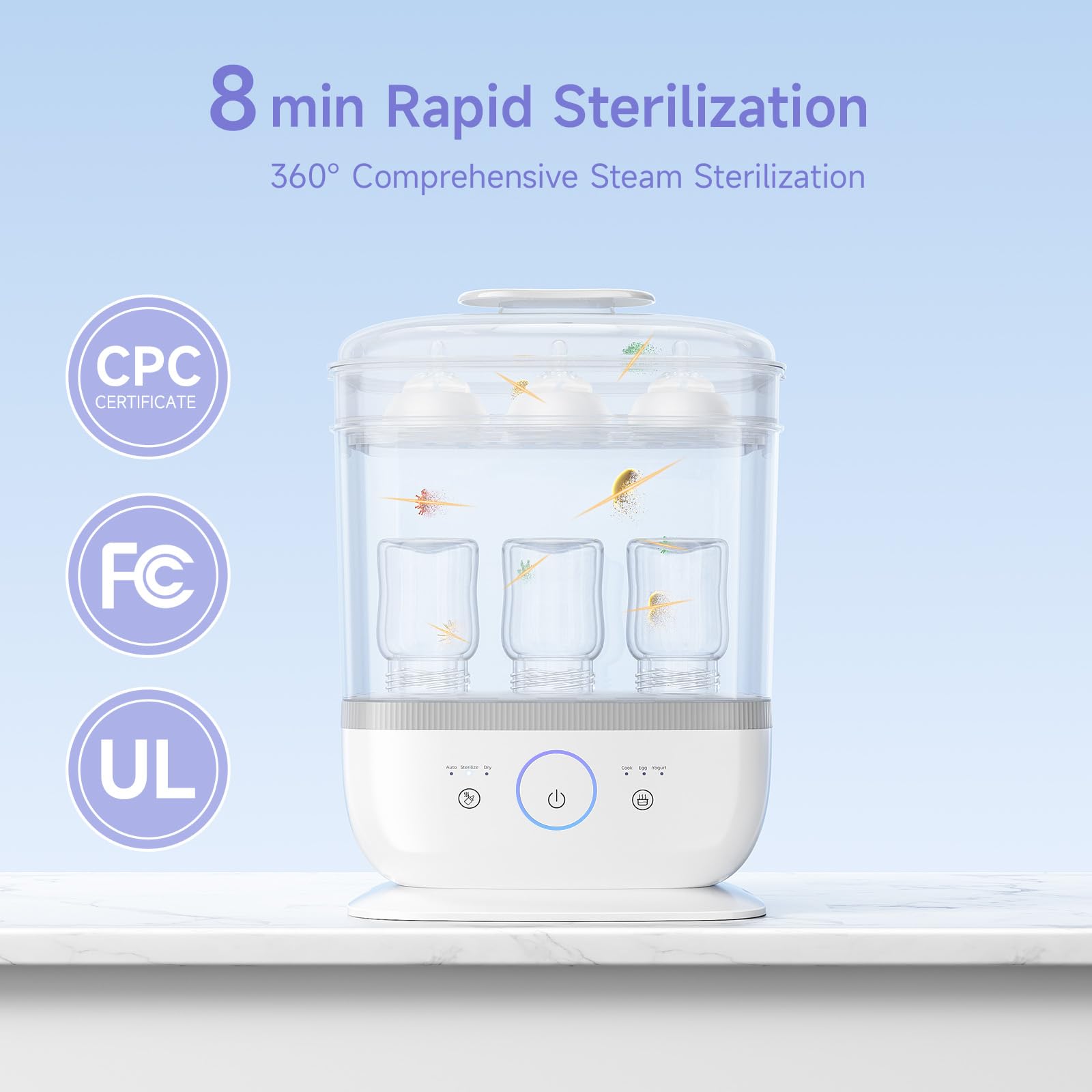 Snow Bear 6-in-1 sterilizer-dryer interior demonstrates 13-bottle capacity