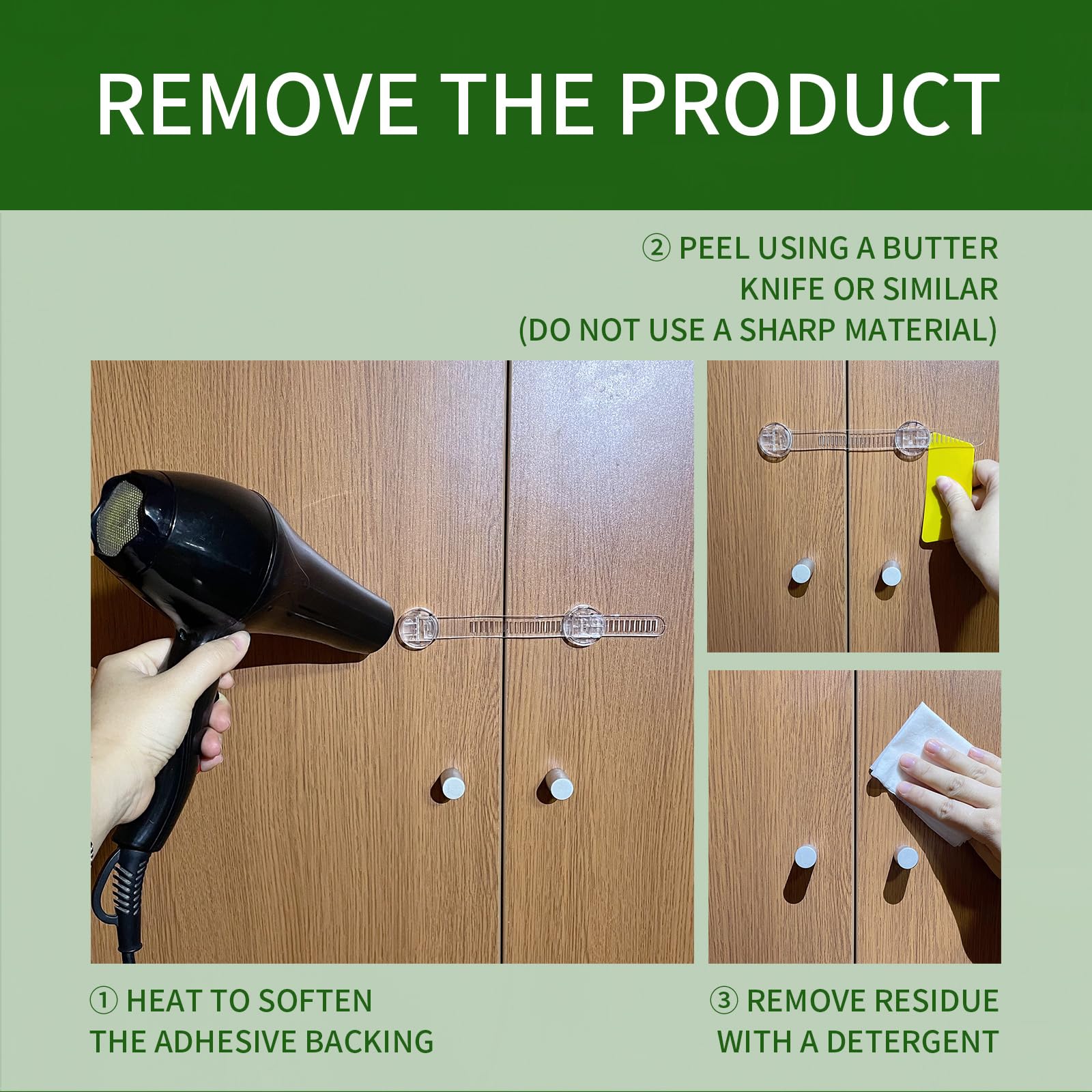 Snowharp baby proof locks removable with heat leaving no residue.