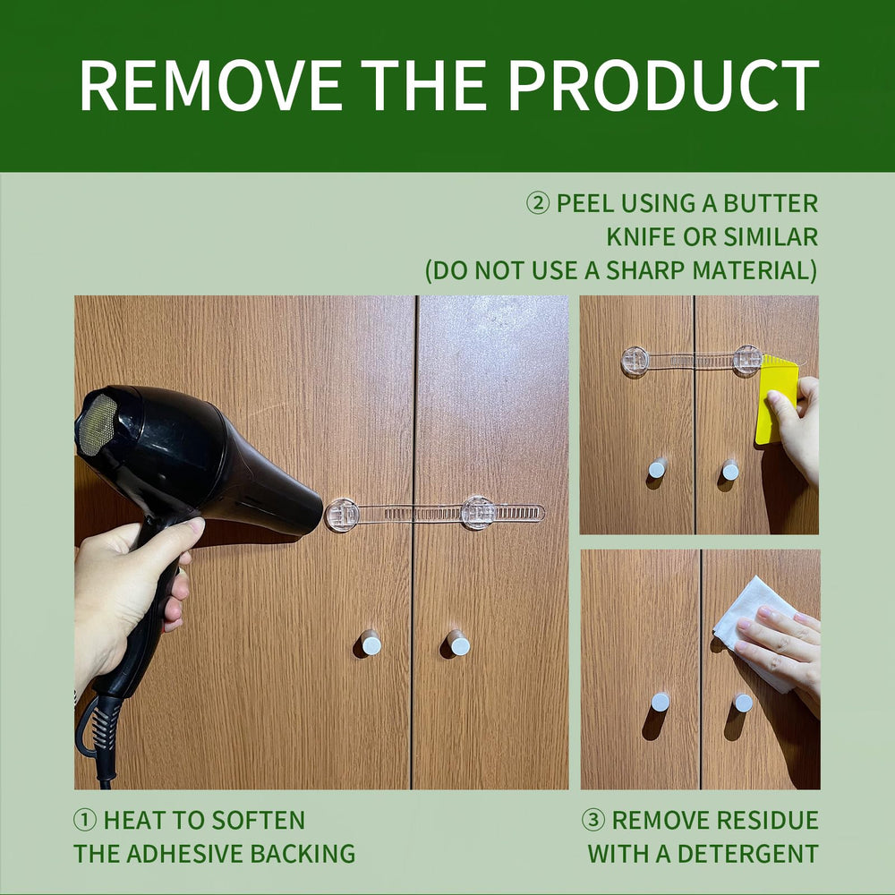Snowharp baby proof locks removable with heat leaving no residue.