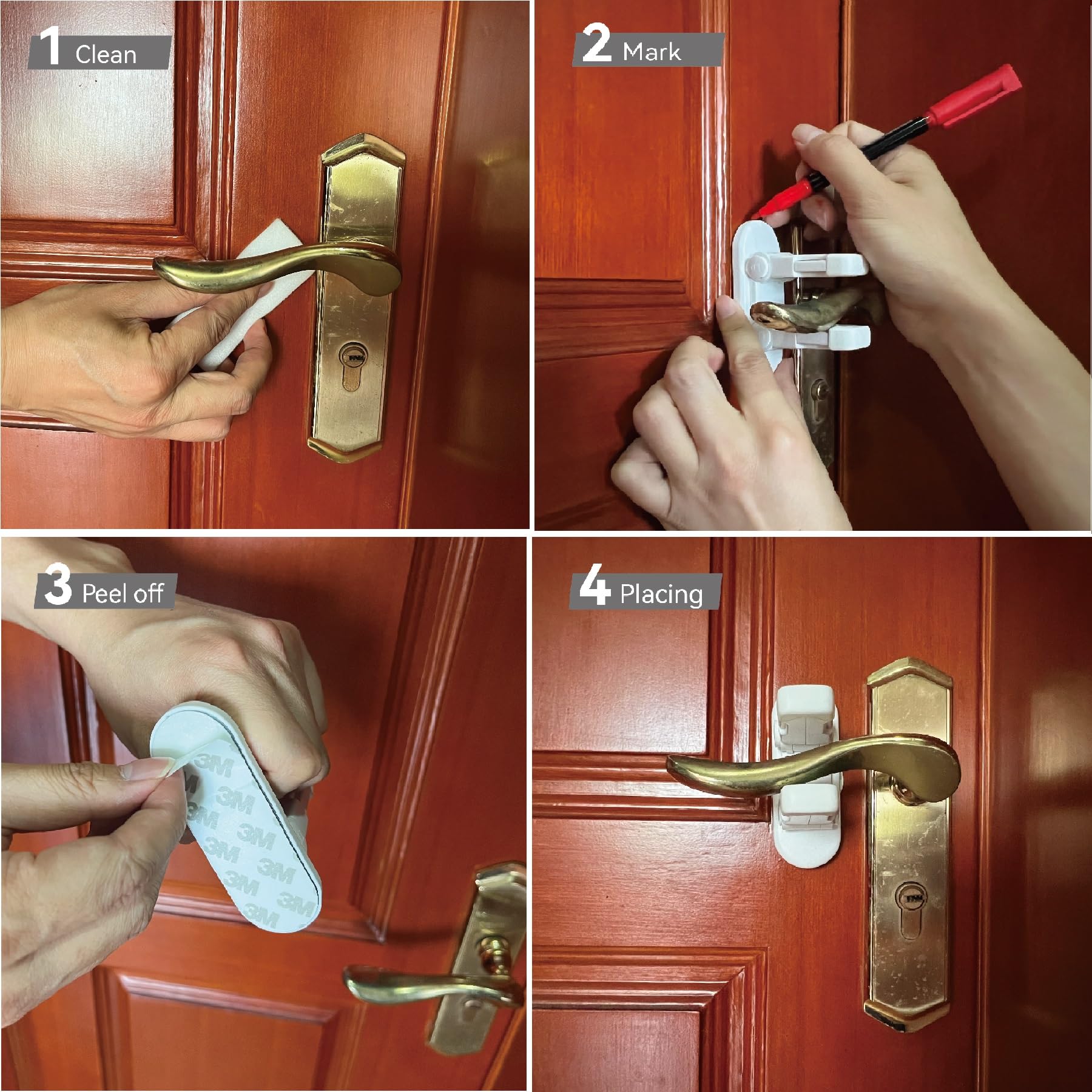 Snowharp child-proof door lever lock durable ABS material close-up emphasizes robustness.