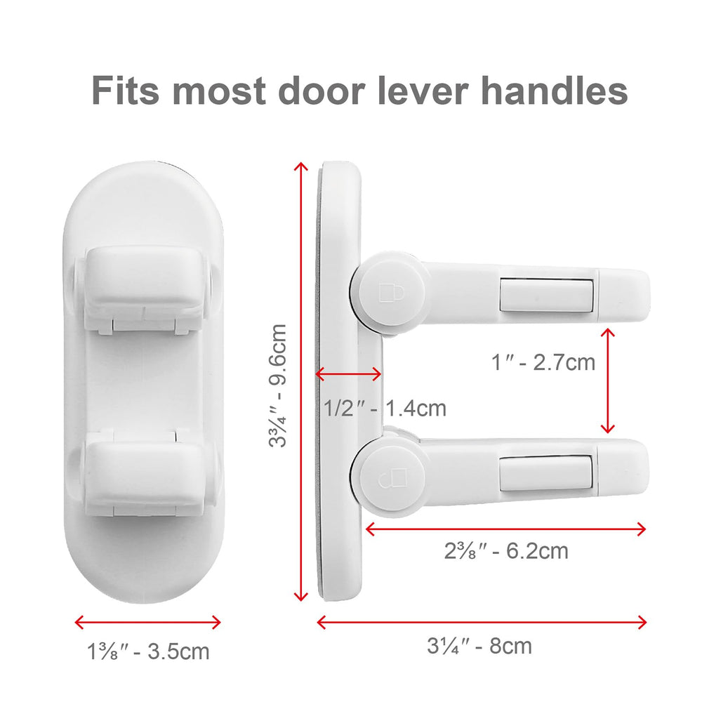 Snowharp child-proof door lever lock installed on door demonstrates quick, tool-free application.