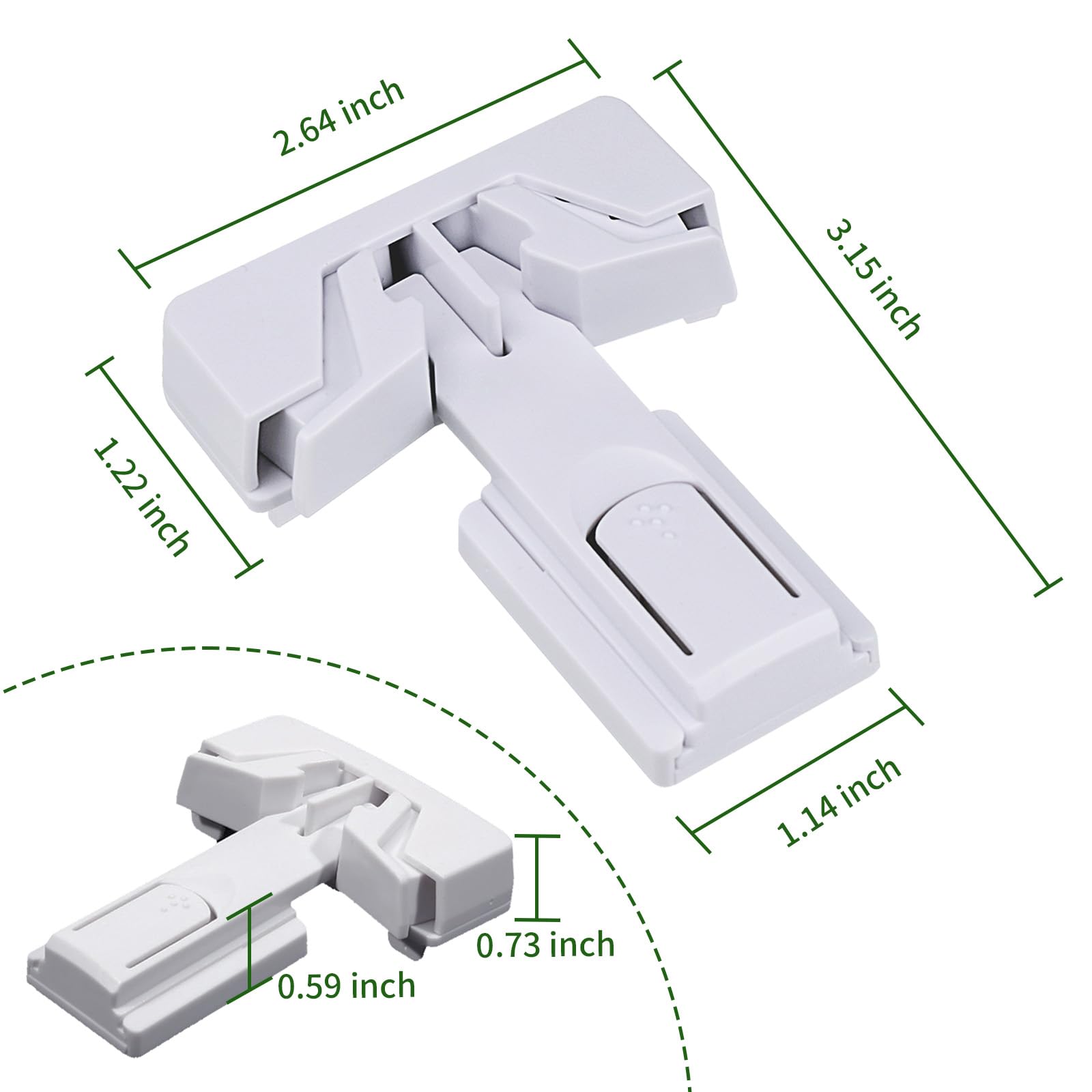 Snowharp fridge lock release button close-up demonstrates dual-button ease.