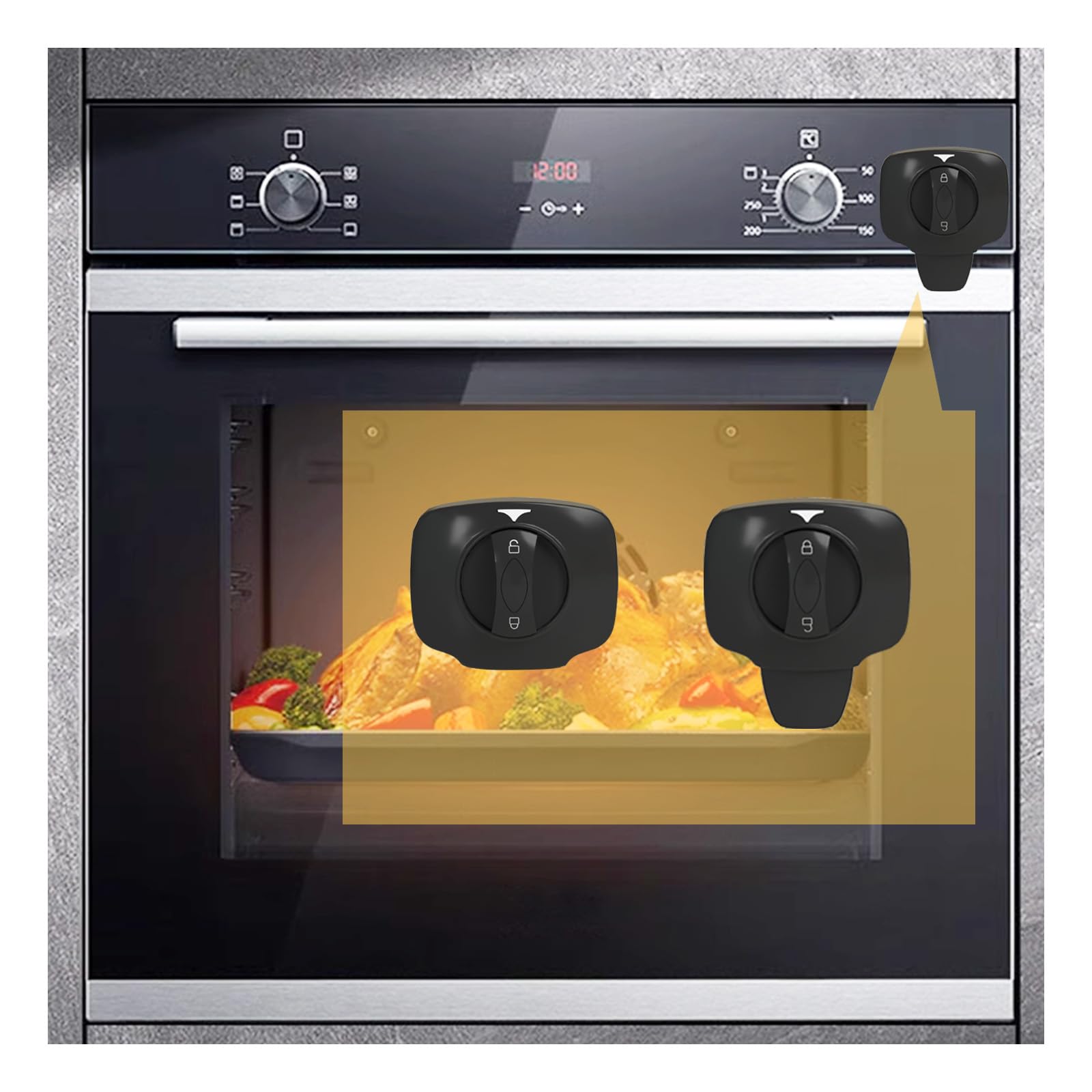 Snowharp knob-switch oven lock close-up for childproofing busy kitchens