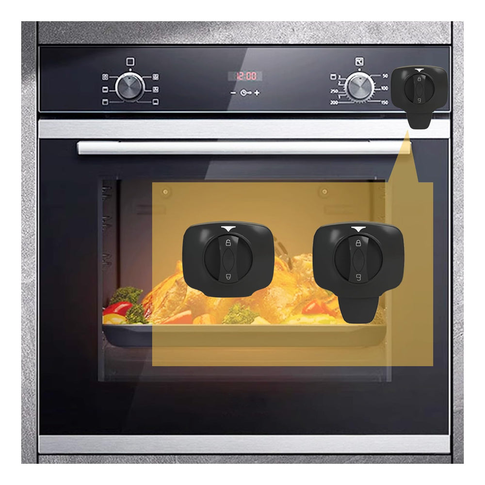 Snowharp knob-switch oven lock close-up for childproofing busy kitchens
