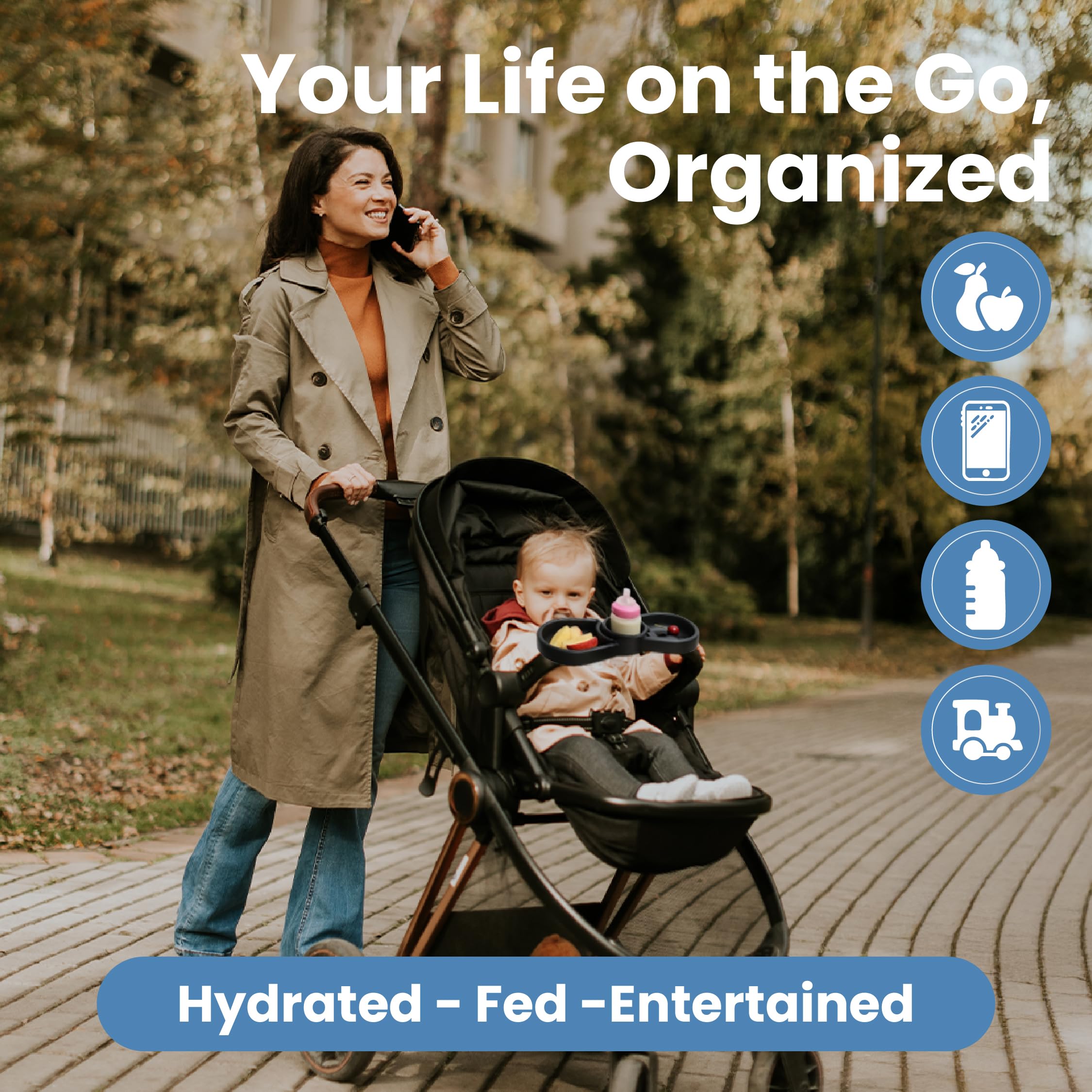 SNUGBEE stroller tray cup holder keeps drinks upright during strolls.