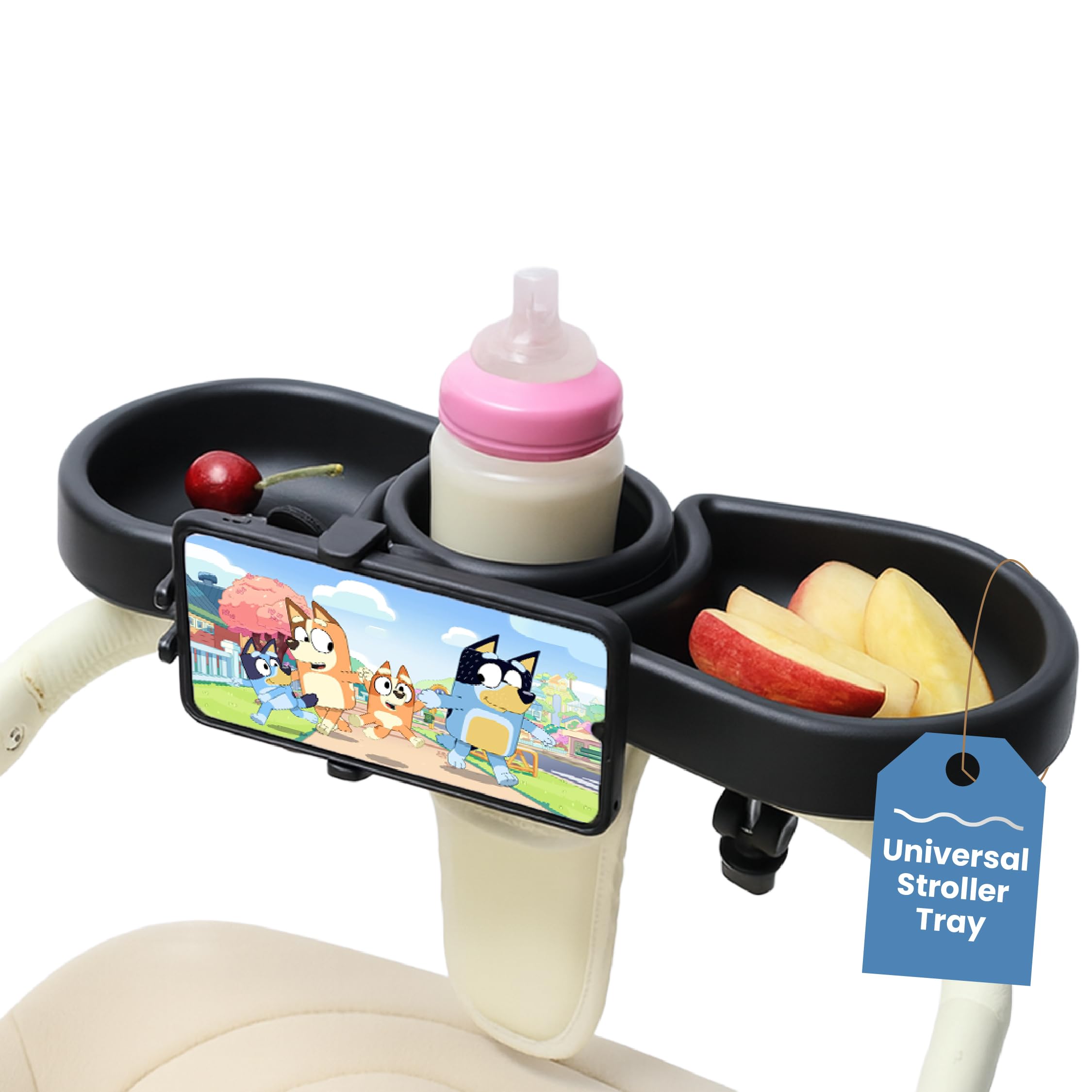 SNUGBEE universal stroller tray front view with phone mount for easy navigation access.