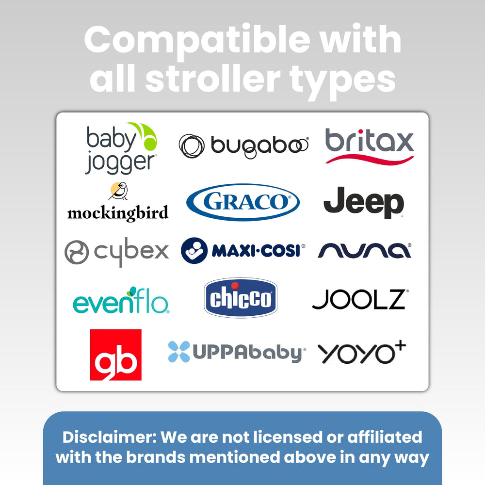 SNUGBEE universal stroller tray in use showing cup and phone accessibility.