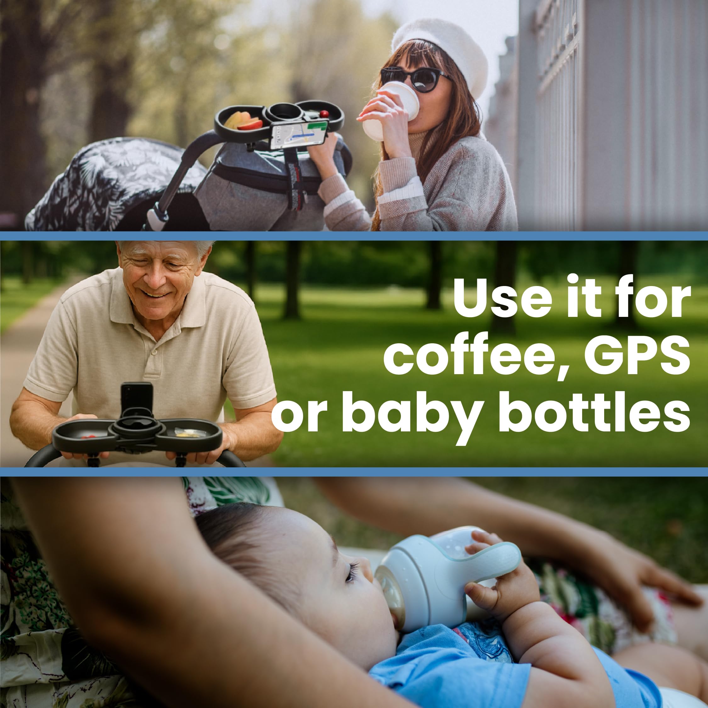 SNUGBEE universal stroller tray installation shows tool-free setup.