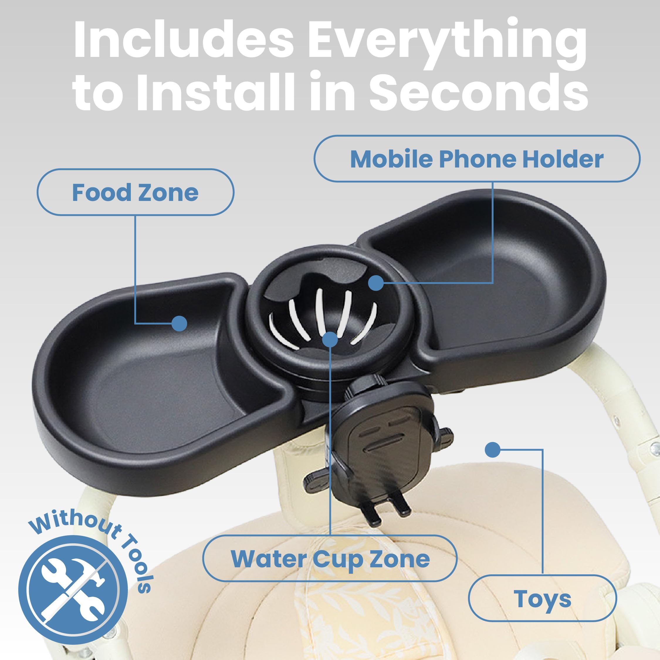 SNUGBEE stroller tray phone mount shows 360 degree rotation for flexible device positioning.