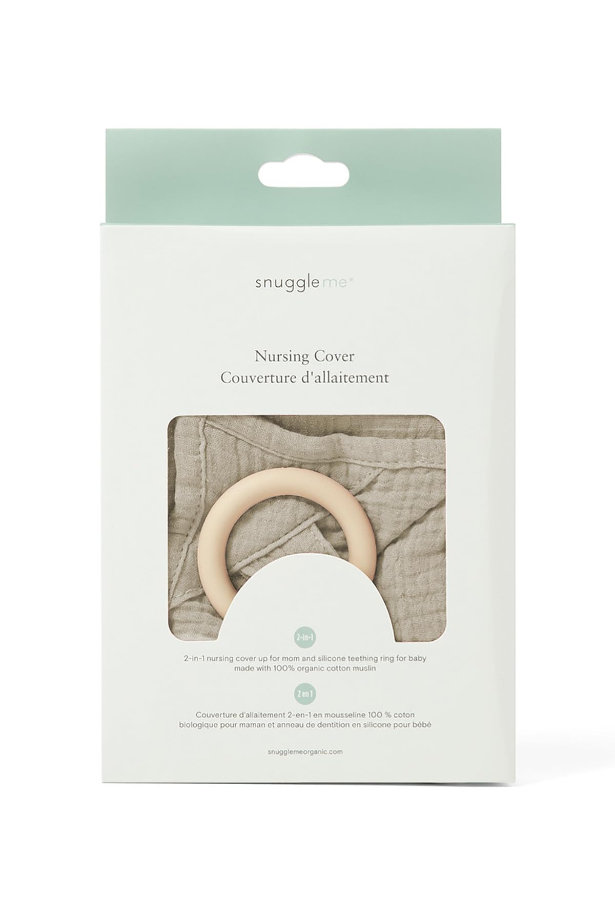 snuggle me nursing cover and BPA-free silicone teether ring for 2-in-1 use.