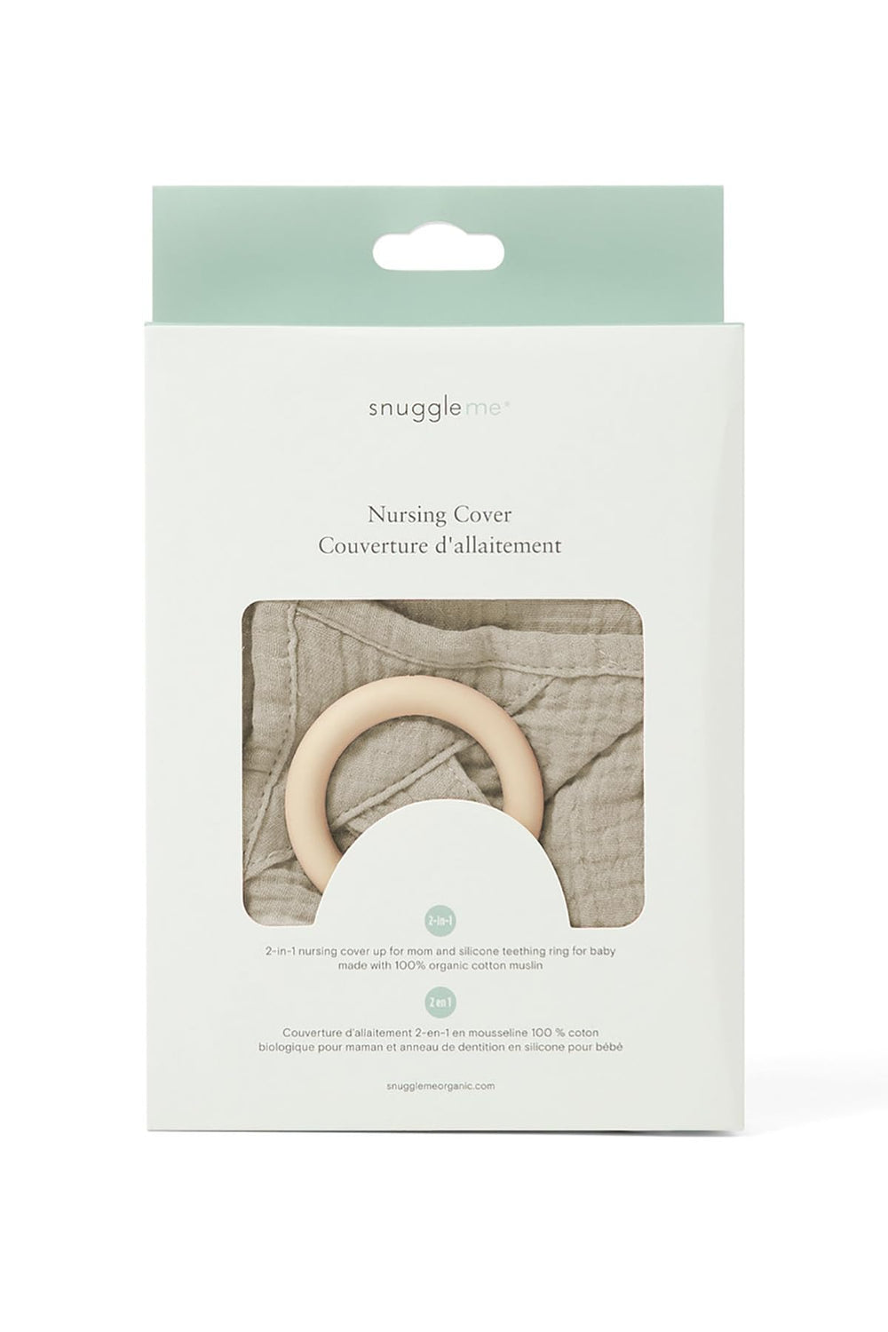 snuggle me nursing cover and BPA-free silicone teether ring for 2-in-1 use.