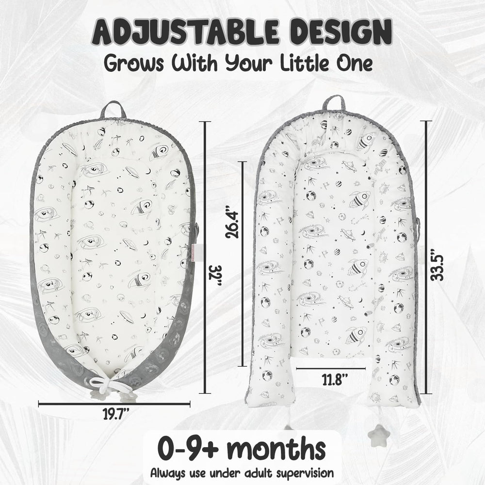Snugglez baby lounger raised edges show secure womb-like space for calm awake play.