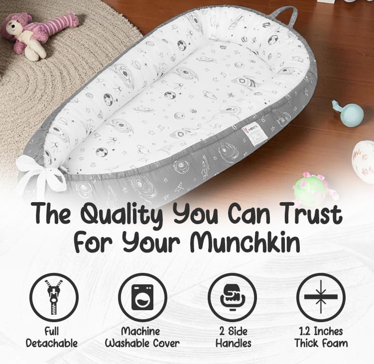 Snugglez baby lounger washable cover ready for quick cleaning after meals.