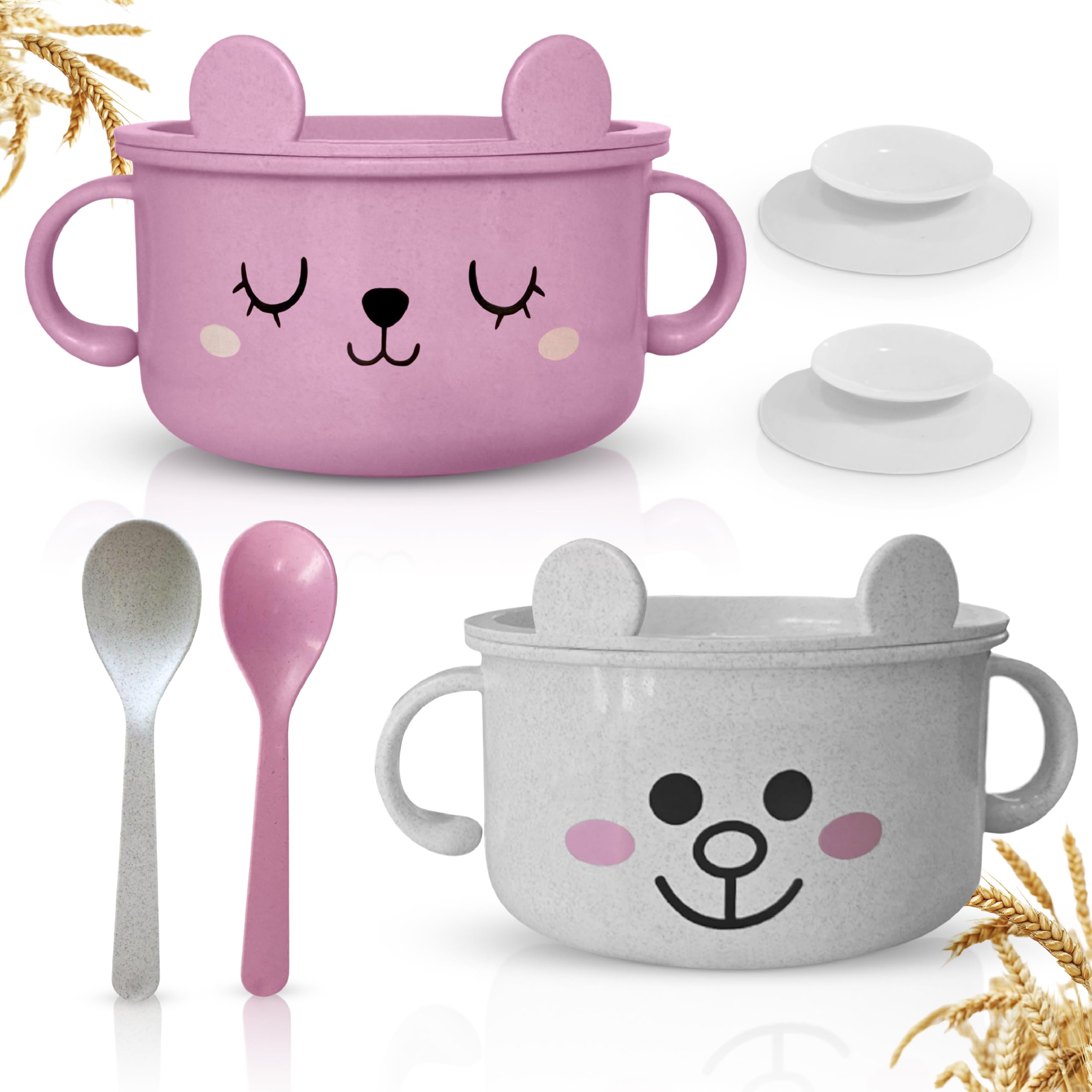 SnugglyBites unbreakable bowls pink-white with bear-face for durable, mess-reducing toddler meals.