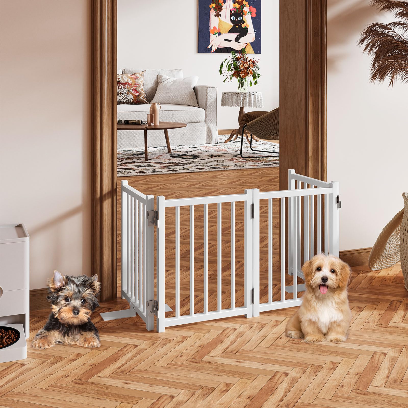 Snughome dog gate sturdy metal frame highlights durability and rust-resistant finish.