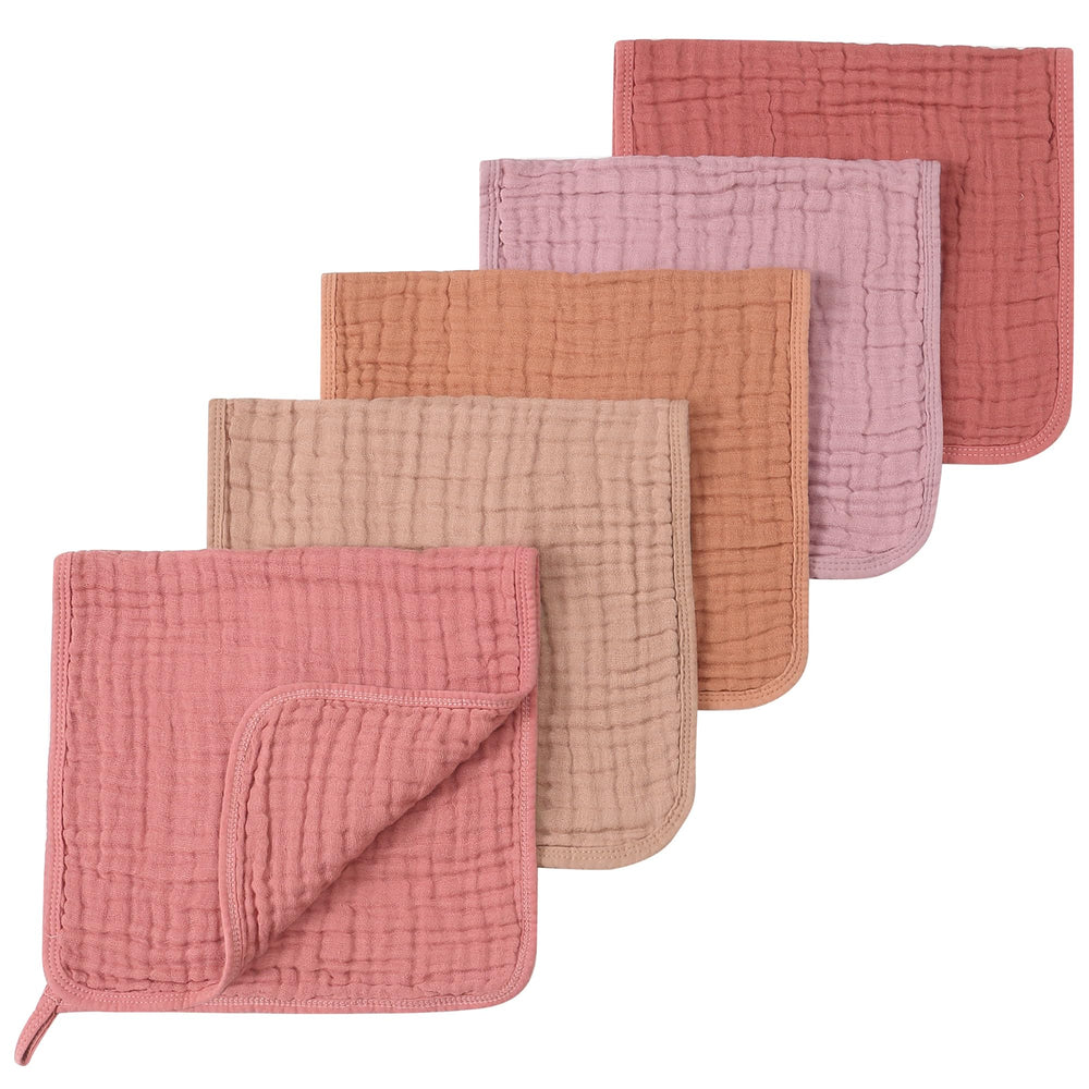 SnugOre Muslin Burp Cloths 5-Pack flatlay shows soft texture and generous 20x12 inch size