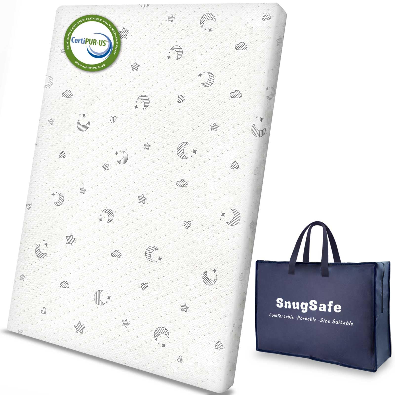 SnugSafe pack-n-play mattress pad folded for compact storage and travel convenience.