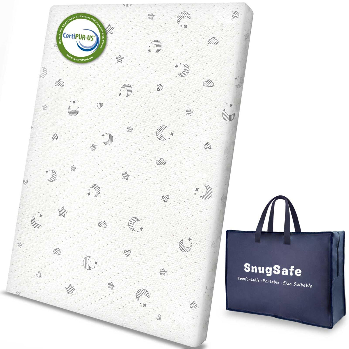 SnugSafe pack-n-play mattress pad folded for compact storage and travel convenience.
