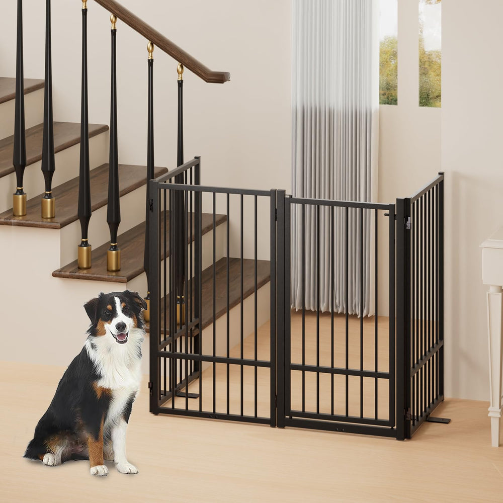 SNUOWU dog gate living-room setup demonstrates freestanding stability for busy homes