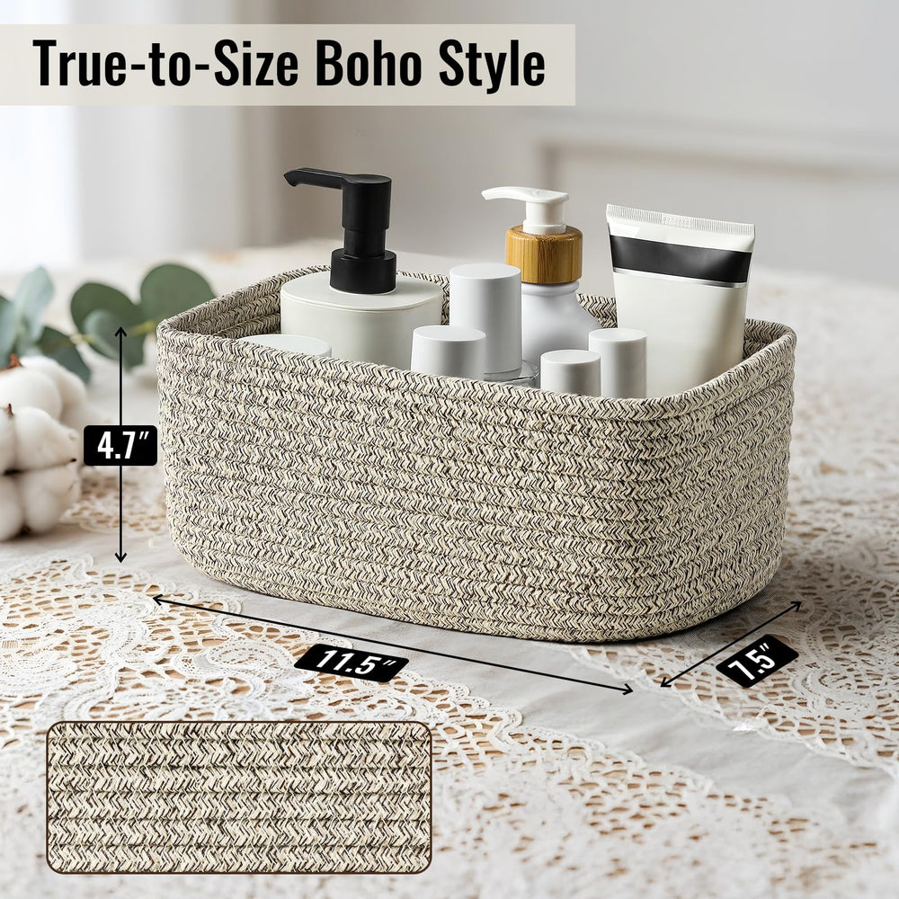 Snuvid woven rope bin for bathroom towels and shelf organization.