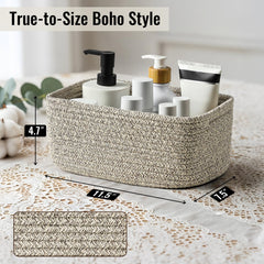 Snuvid woven rope bin for bathroom towels and shelf organization.