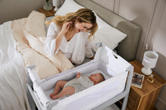SnuzPod 4 Dove bed-side zip-down wall demonstrates effortless night access