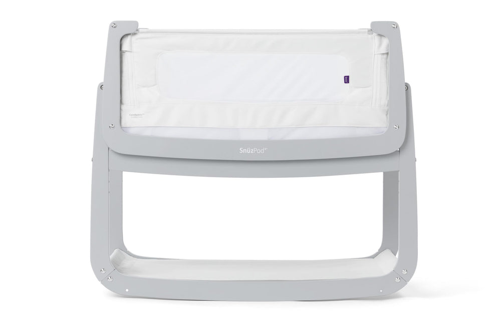 SnuzPod 4 Dove close view shows contemporary bedside bassinet design for easy access