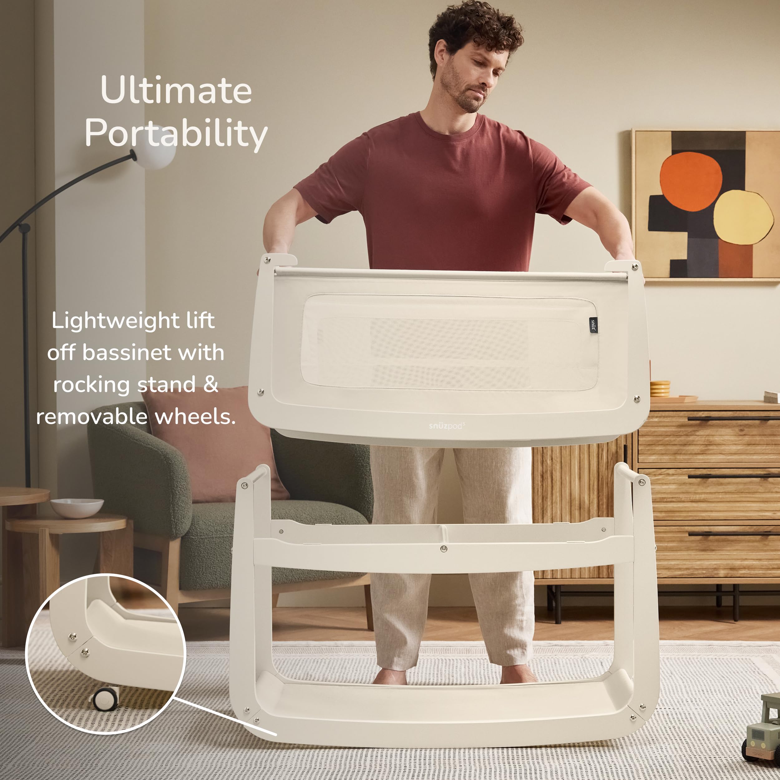 SnuzPod5 lift-off bassinet shows portable, parent-friendly use when moving baby.