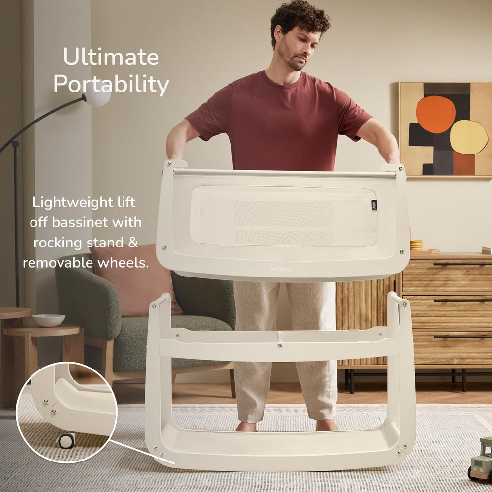 SnuzPod5 lift-off bassinet shows portable, parent-friendly use when moving baby.