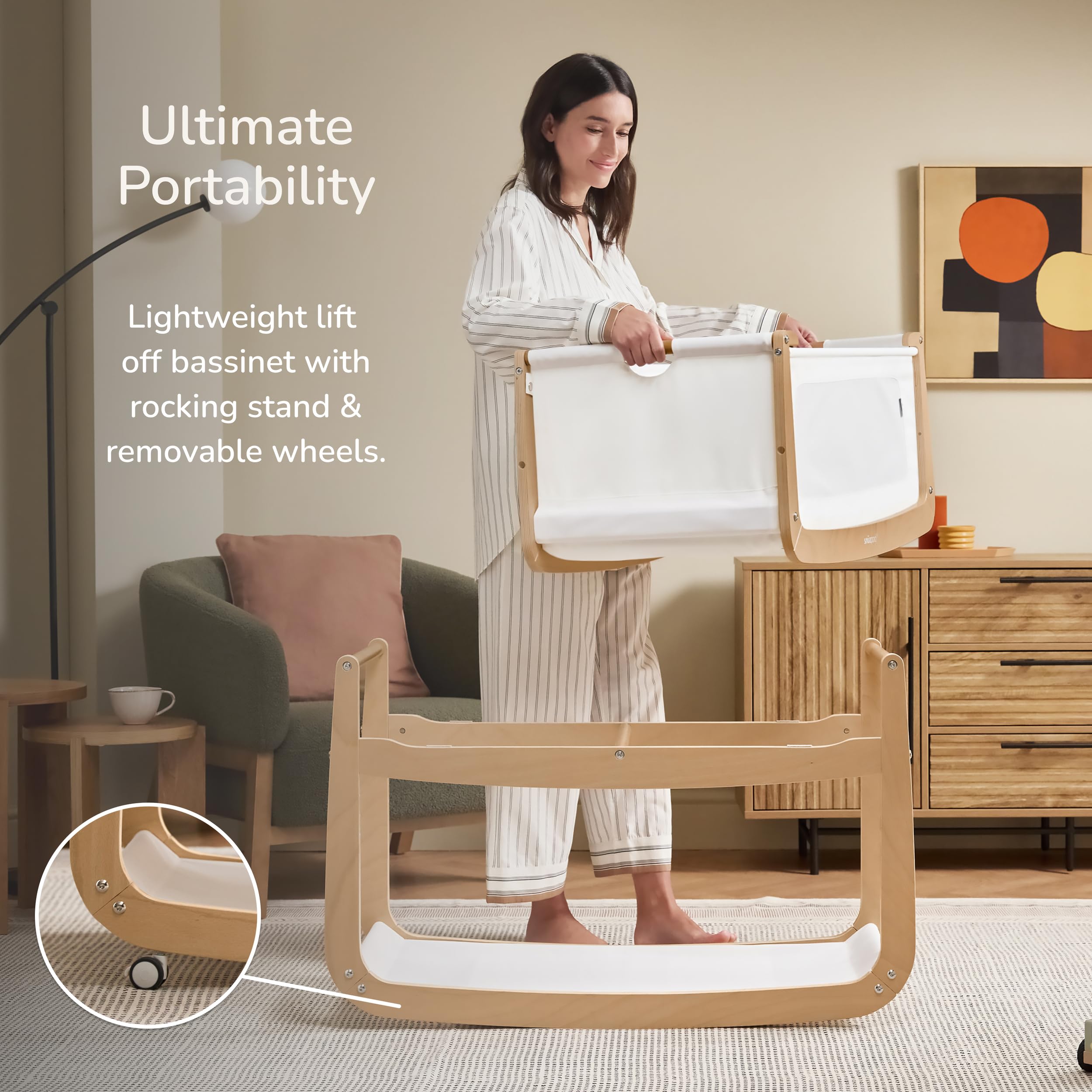 SnuzPod5 lift-off bassinet highlighted for flexible daytime naps.