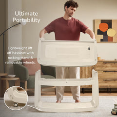 SnuzPod5 lift-off bassinet shows portable, parent-friendly use when moving baby.