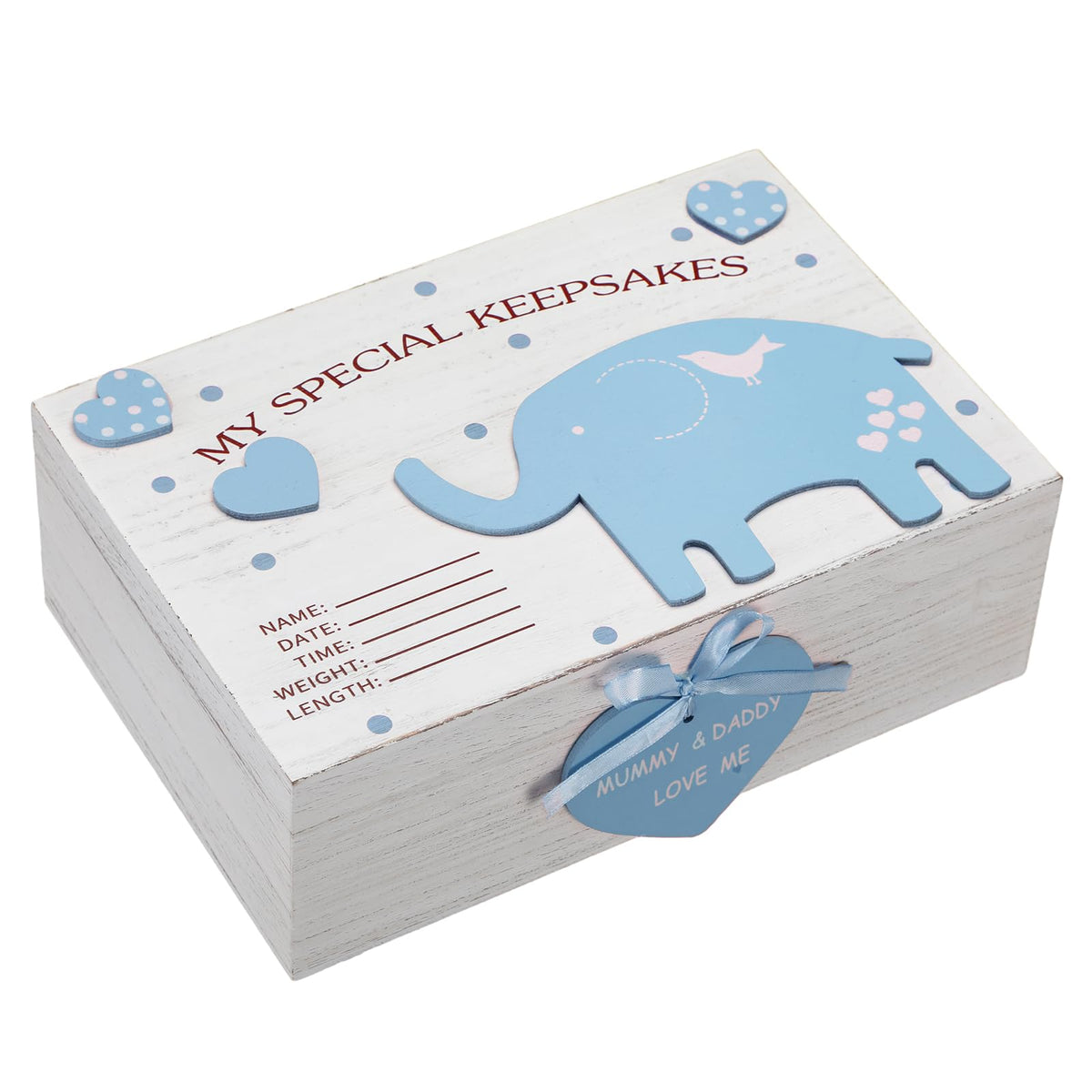 Soaoo 3D wooden baby keepsake box with blue elephants keeps precious memories safe.