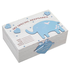 Soaoo 3D wooden baby keepsake box with blue elephants keeps precious memories safe.