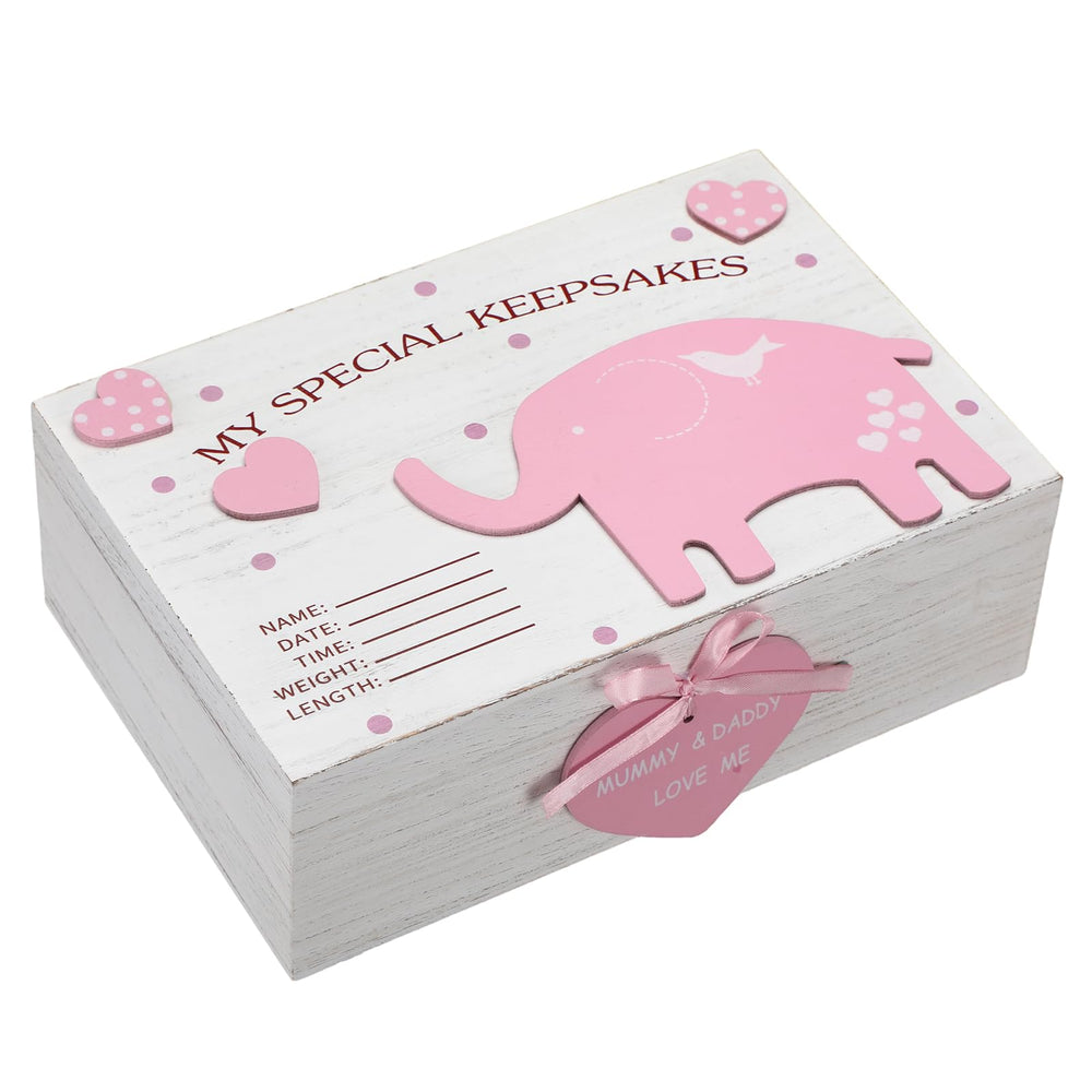 Soaoo 3D wooden keepsake box pink elephants detail preserves baby memories with decorative charm.