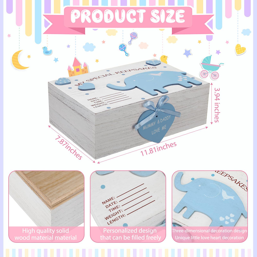 Soaoo baby keepsake box lid detail showcases 3D elephants and heart motif for heirloom charm.